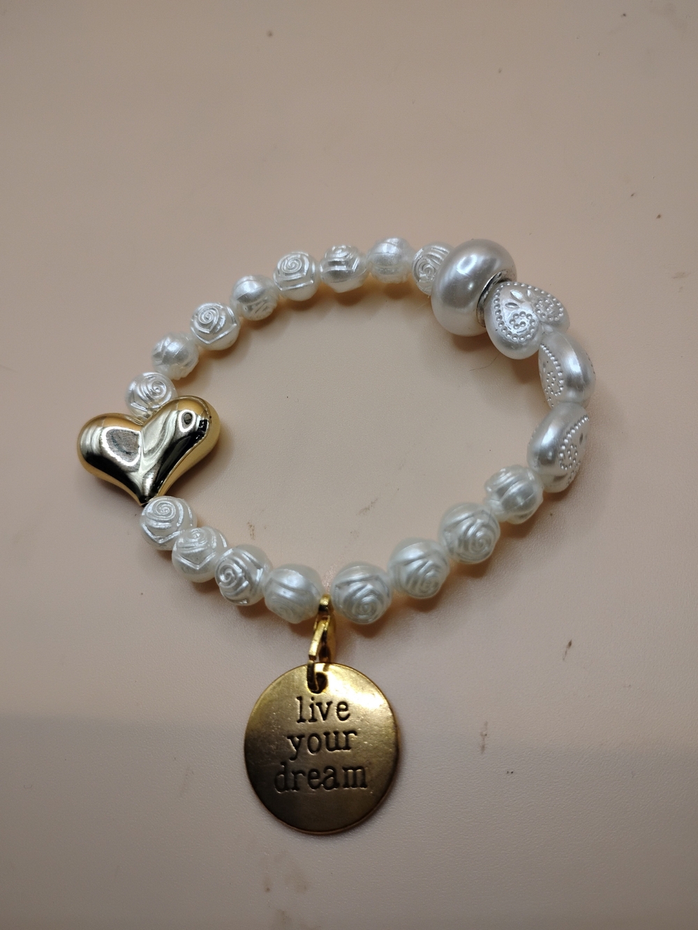 Pearl & Gold Heart Charm Bracelet — Live Your Dream Accent